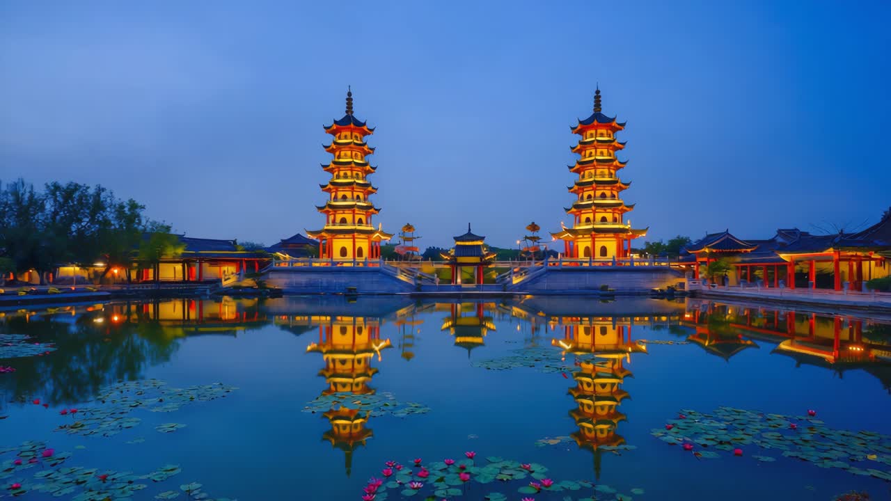 Illuminated Pagodas Reflected in Water at Night