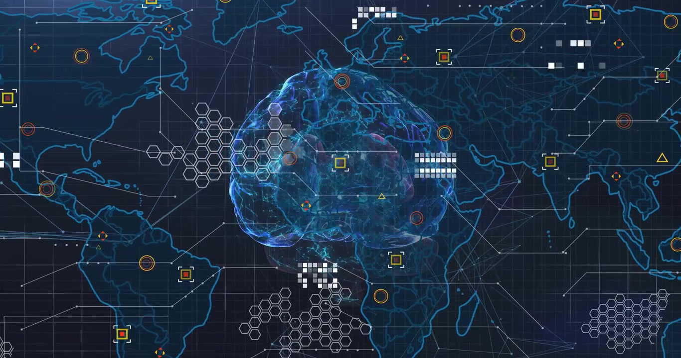 Translucent brain network appearing over map, pulsing forming HUD blocks linking data connections
