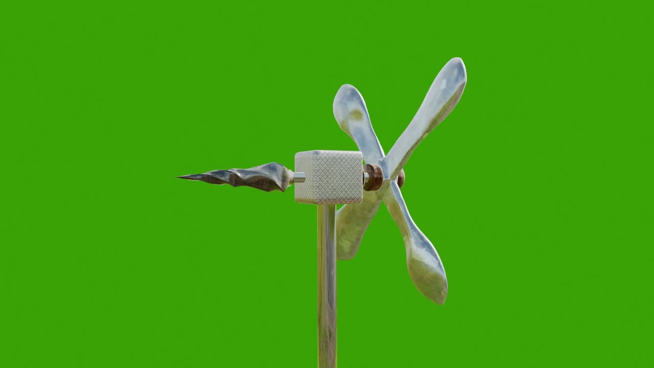 3D modeling of a device with a propeller on one side and a drill on the other, rotating simultaneously on the Z and Y axes against a green chroma key background