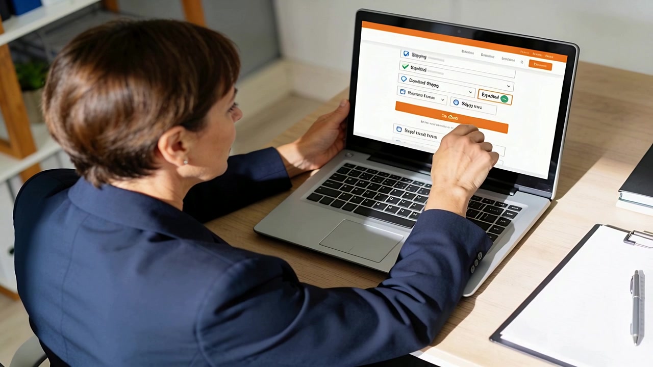 Mulher de blazer azul-marinho selecionando opção de envio expresso, tocando no laptop na mesa, confirmando pedido