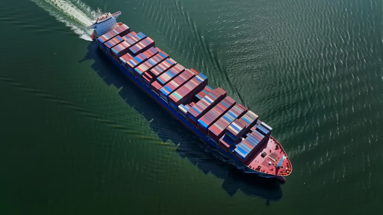 Aerial view of a container ship navigating the ocean