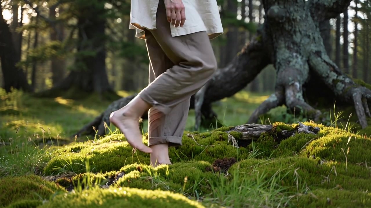 Lifting foot, woman walking barefoot in rolled-cuff trousers across mossy forest, past gnarled tree