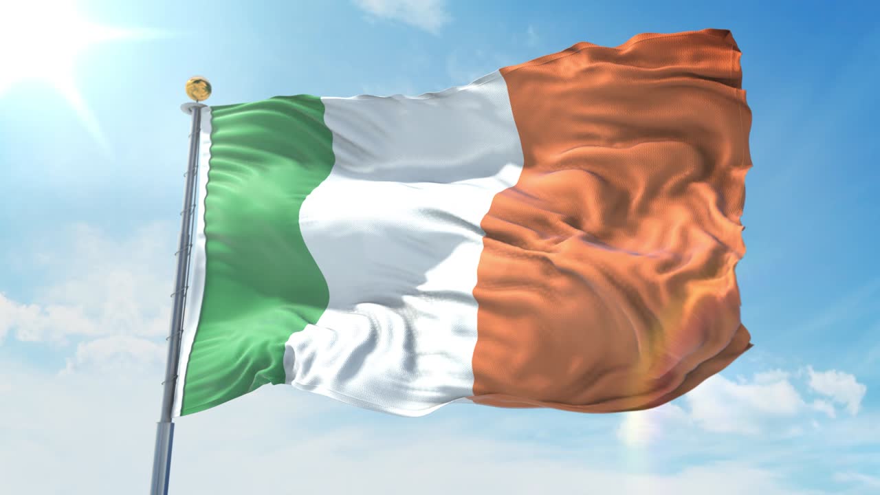 bandera de irlanda ondeando en el viento contra el cielo azul profundo. tema nacional, concepto internacional. render 3d bucle sin costuras 4k