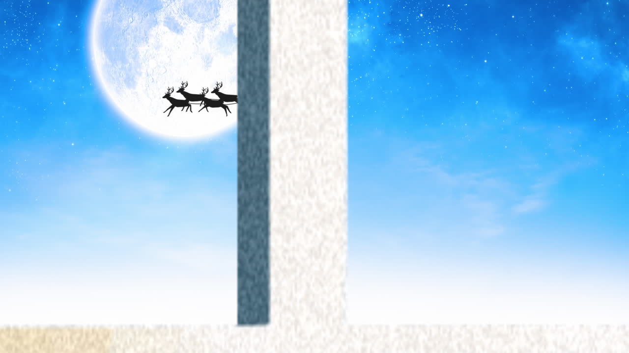 animazione di paesaggi invernali di natale e babbo natale in slitta vista dalla finestra.