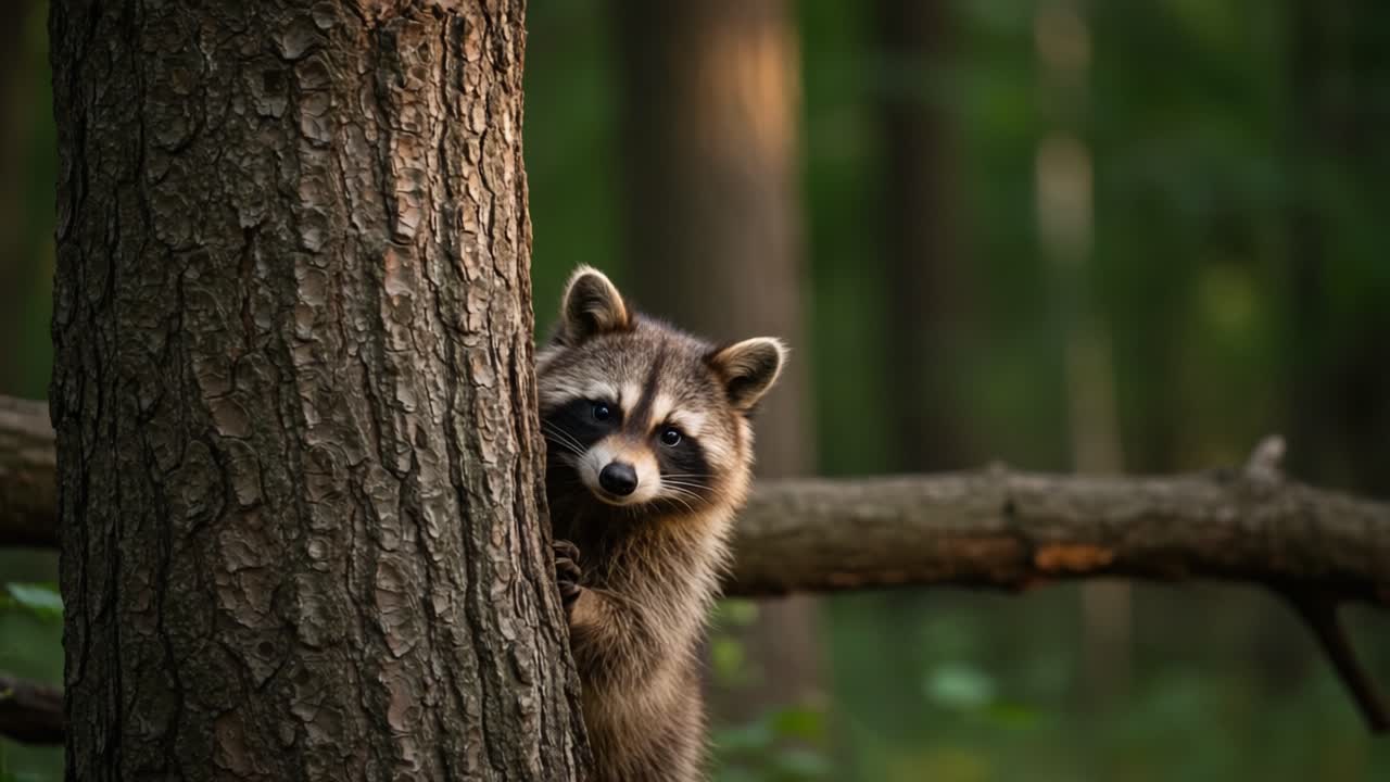 Curious Raccoon Peeking from Behind a Tree