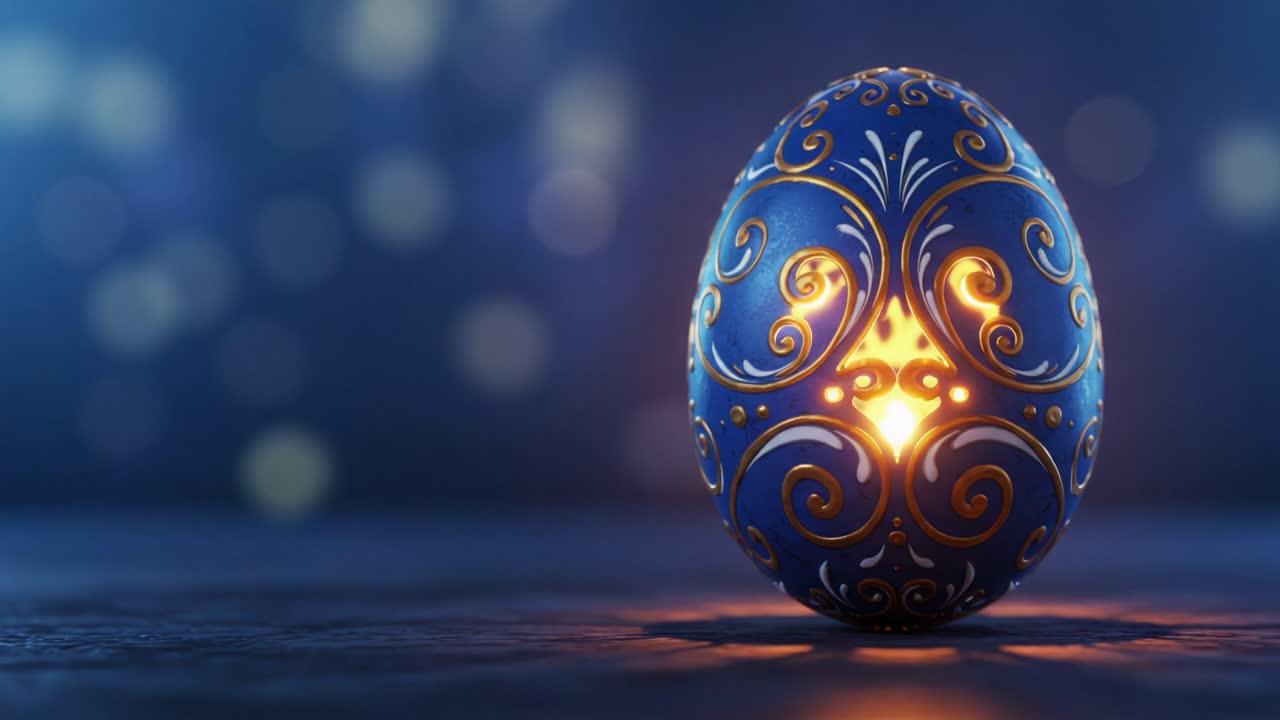 Illuminated Ornate Blue Egg with Intricate Patterns Glowing in a Mystical Atmosphere, Capturing Light Reflections and Enigmatic Design Elements
