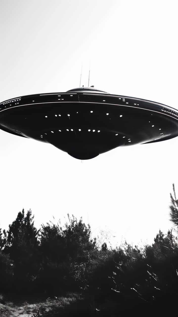 A black and white video still of a UFO hovering above trees, captured from a low angle