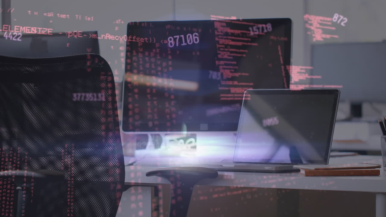 animación del procesamiento de datos en una oficina vacía