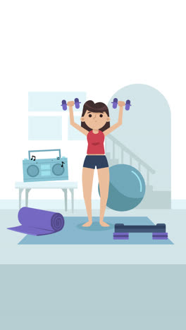 woman doing home workout with dumbbells and exercise equipment