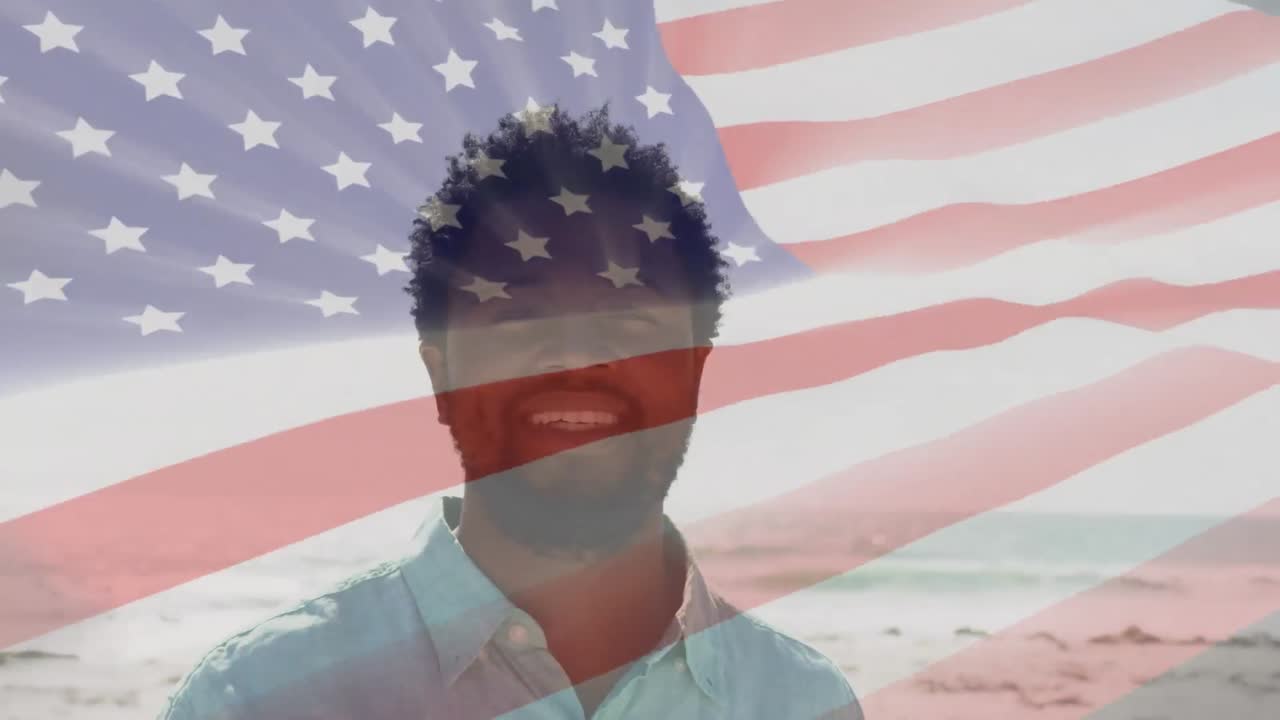 Animazione di un uomo afroamericano felice sulla bandiera degli Stati Uniti