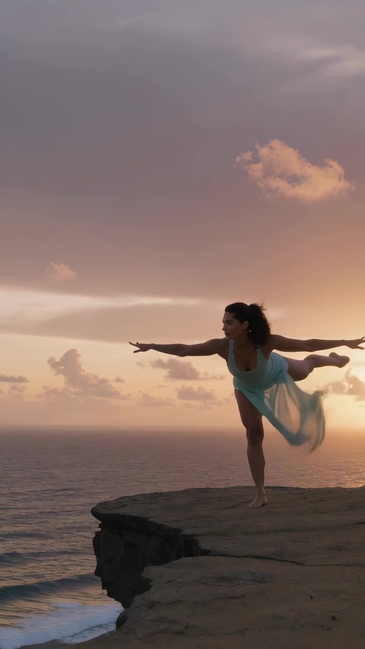 Video verticale: Donna in abito blu che si bilancia e si adatta alla brezza su una scogliera al tramonto, con spazio per il testo.