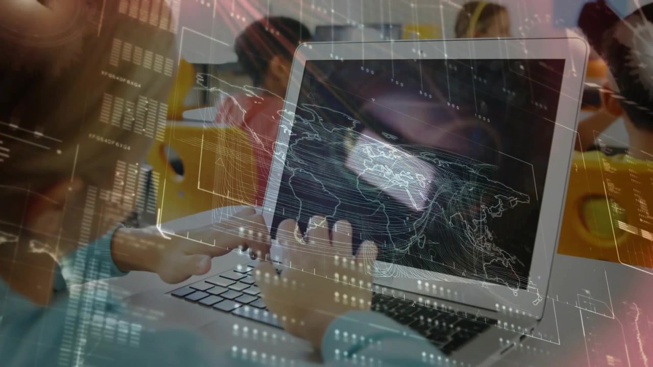 Female student typing on laptop, initiating world map overlay with grids and data bars for class