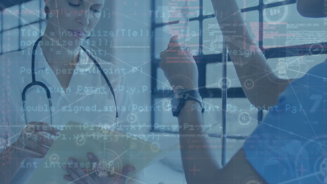 animación de iconos conectados, lenguaje de programación sobre diversos médicos que tratan a un paciente en el hospital.