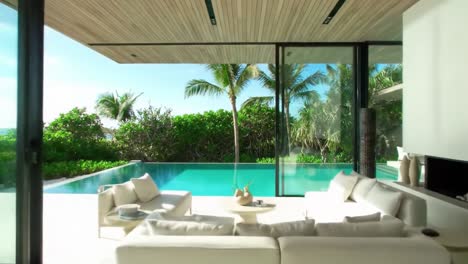 luxurious modern interior with scenic views of a tropical oasis featuring a stunning pool and lush greenery, perfect for relaxation and leisure