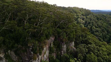 Aerial-over-cliff-face-left-to-right-over-the-Twin-Falls-walk,-Springbrook-National-Park,-Gold-Coast-Hinterland,-Queensland,-Australia