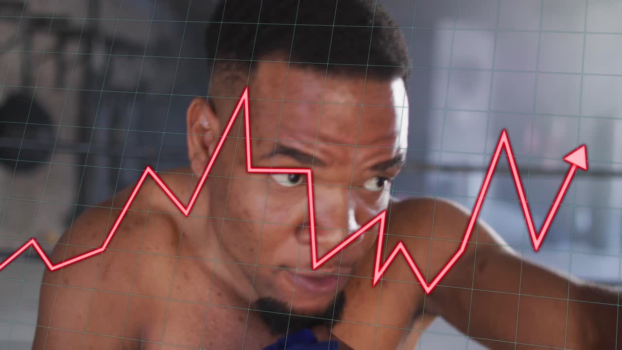 Animation of data processing over african american man exercising in boxing gym