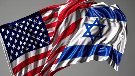 varias banderas de estados unidos e israel ondean orgullosamente juntas contra un simple telón de fondo gris, simbolizando una fuerte relación internacional.