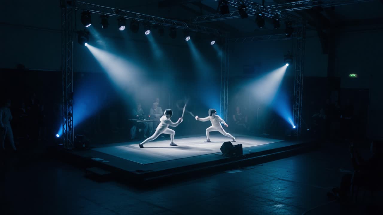 Dynamic Fencing Duel Illuminated by Stage Lights: Two Competitors Engage in a Gripping Match of Skill and Precision on a Well-Designed Competitive Stage