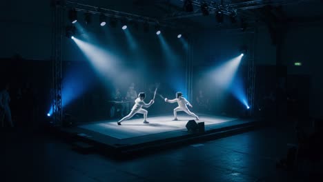 dynamic fencing duel illuminated by stage lights: two competitors engage in a gripping match of skill and precision on a well-designed competitive stage