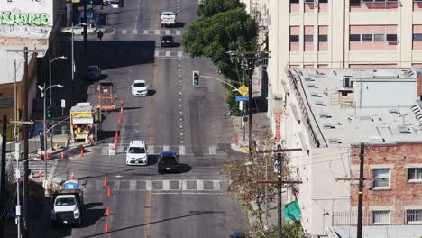 high-angle view of slauson avenue traffic and urban street scene in los angeles