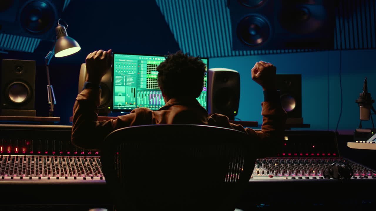 아프리카계 미국인 음악 프로듀서가 프로 스튜디오에서 새로운 트랙을 연주하고 있습니다.