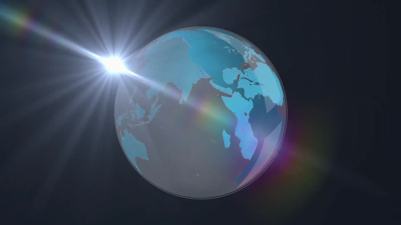 검은 바탕에 있는 지구,  ⁇ 은 모양과 불빛의 애니메이션