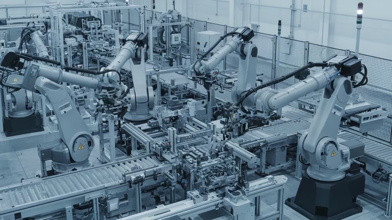 An Advanced Automated Assembly Line Featuring Multiple Industrial Robots Optimizing Efficiency and Precision in Manufacturing Processes