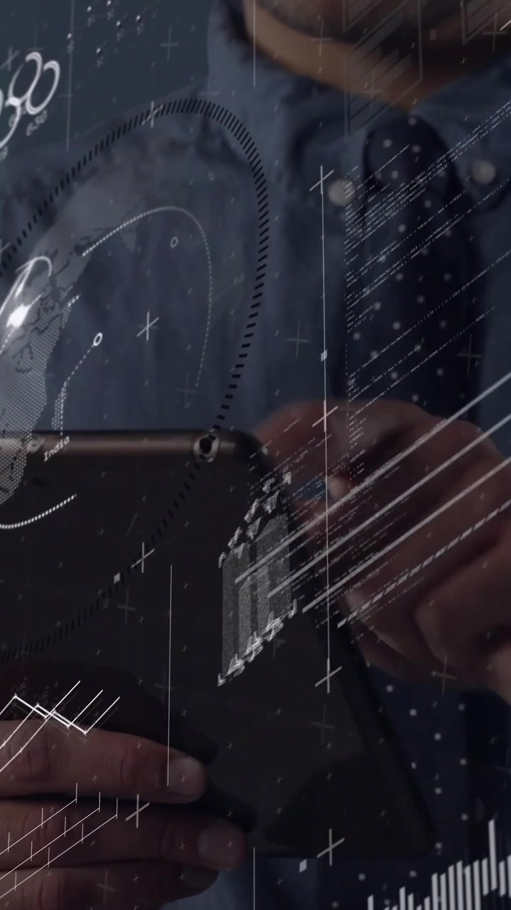 Vertical video: Man holding tablet tapping right edge and revealing animated HUD for data analysis