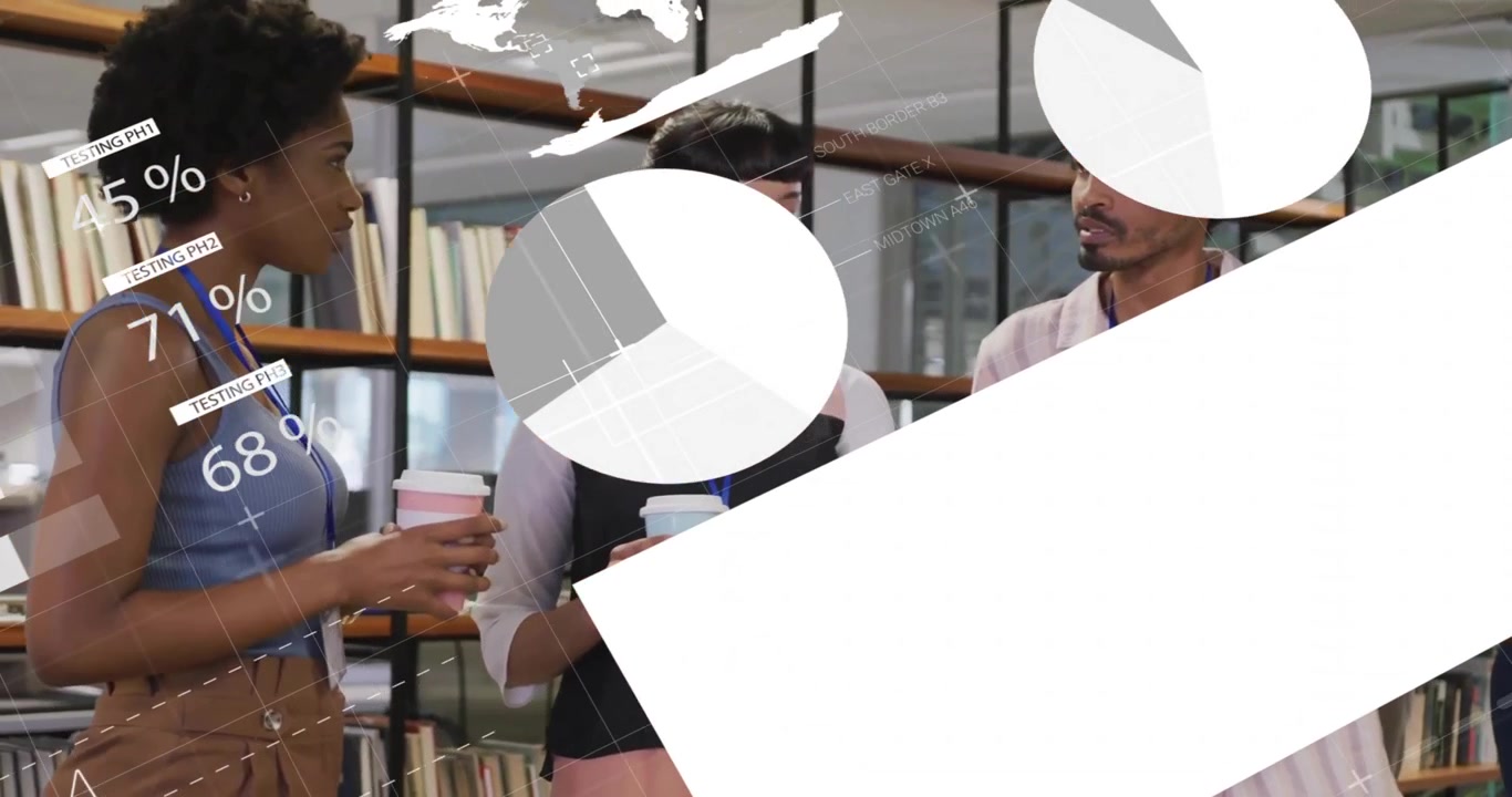 Animation of financial data processing over diverse business people in office