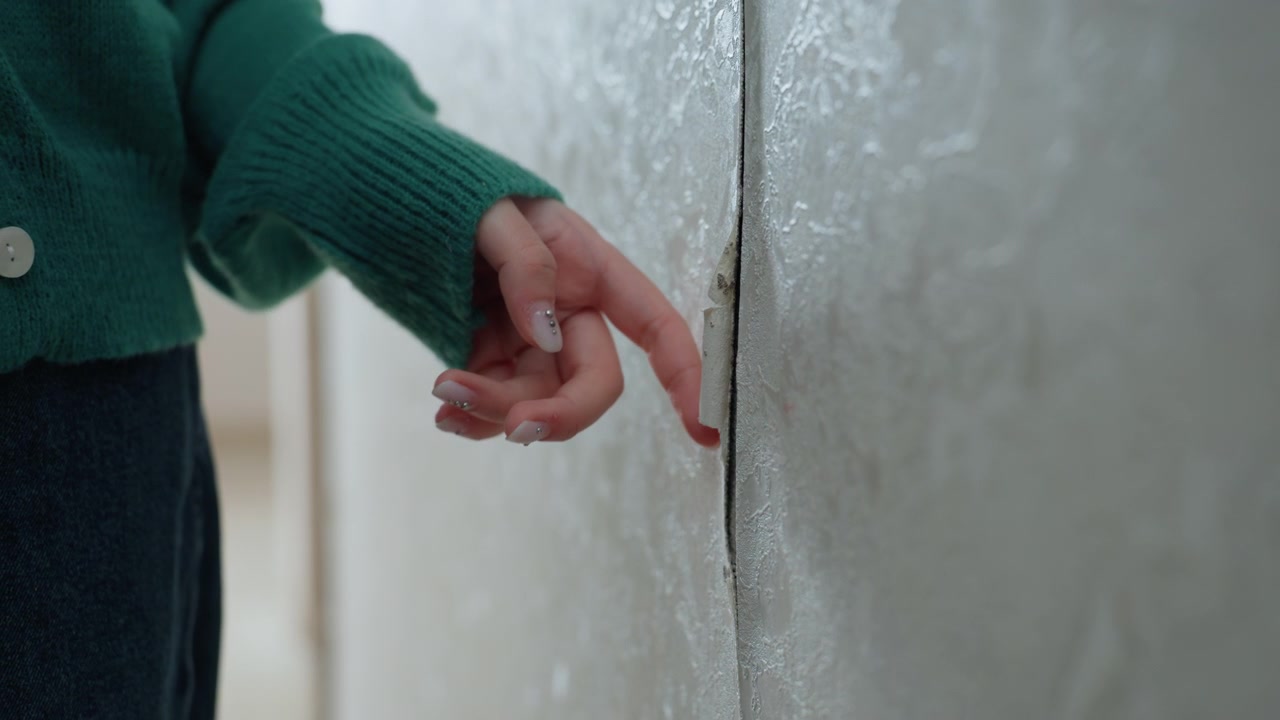 Kvinde i grøn sweater rører forsigtigt ved dyb vægsprække i smal korridor, nærbillede af finger og tekstureret puds, dokumenterer skade til inspektion, forsigtig stemning, flyttekontekst med reparationsplanlægning.