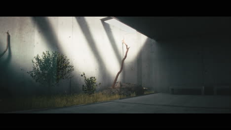 minimalist concrete interior with plants and sunlight