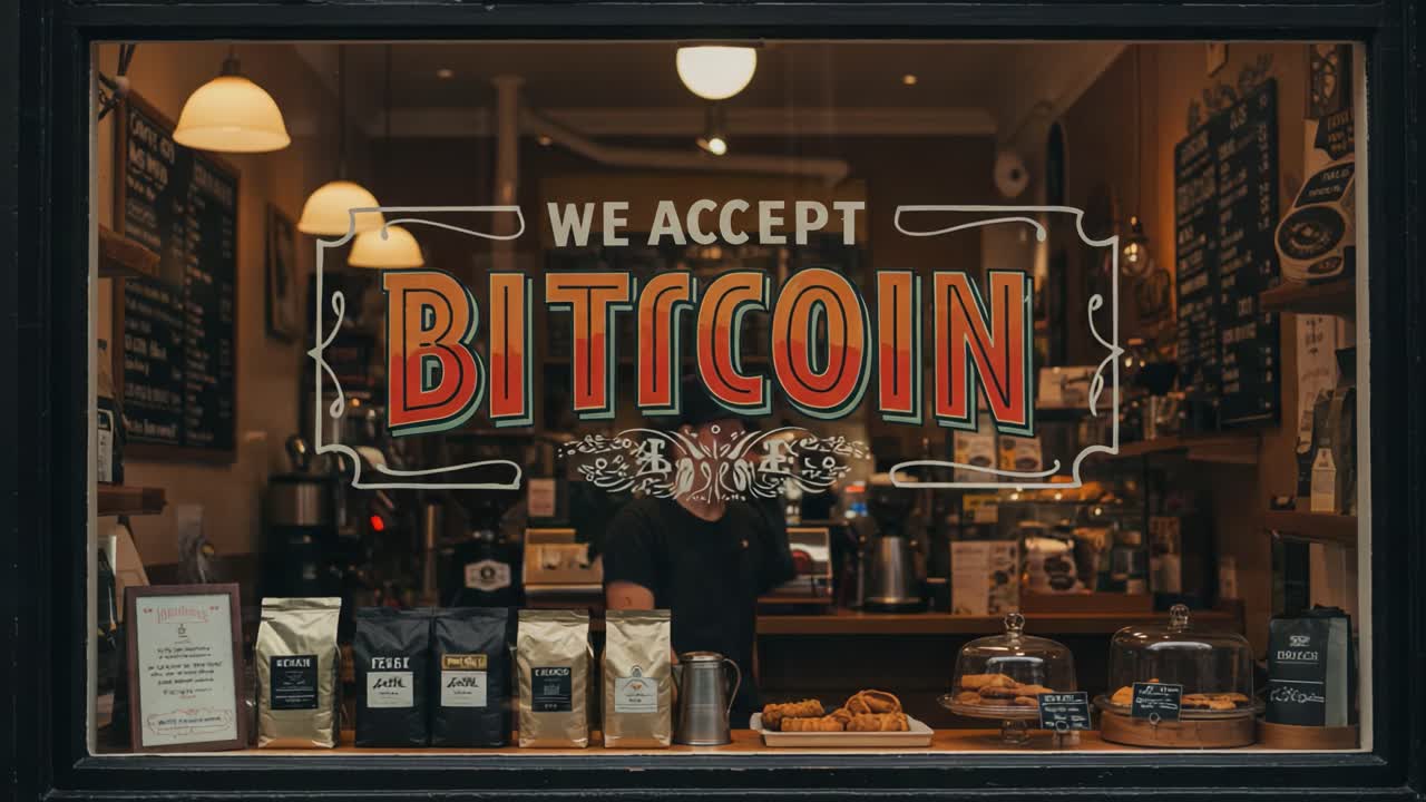 A Cozy Cafe Embracing Cryptocurrency: Showcasing a Welcoming Atmosphere with Bitcoin Acceptance Through Decorative Signage and Delicious Treats on Display