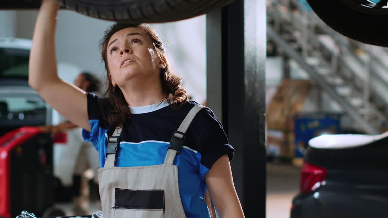 mecánico de garaje trabajando en un coche suspendido