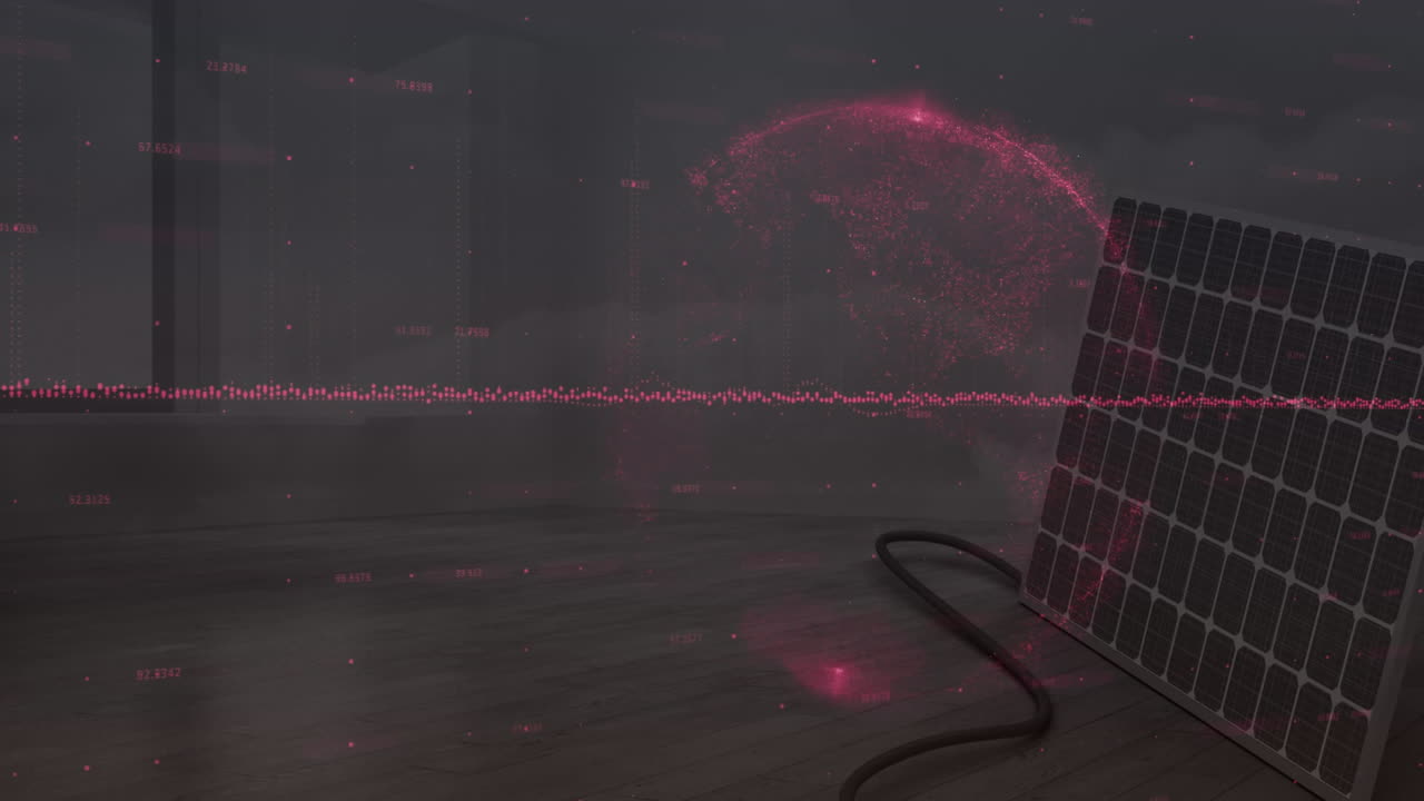 Solar panel with digital data visualization and glowing red network animation