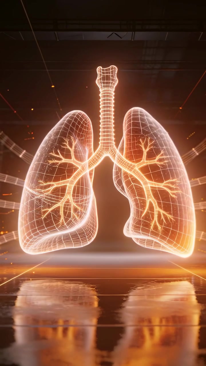 Vertical video: Pulsing mesh lungs glowing, expanding, rotating on floor, with trachea for demo