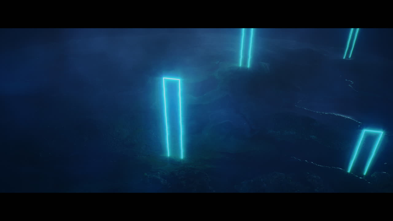 Rocky landscape with huge blue light portal structures