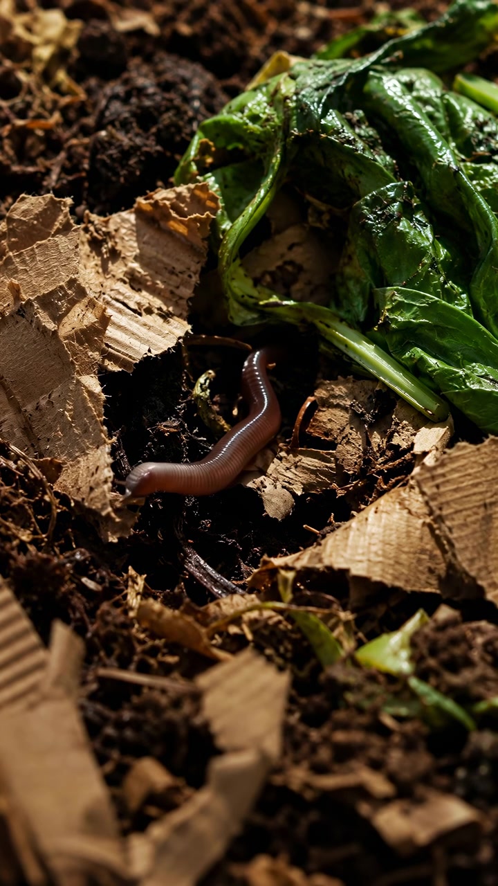 Close view follows a brown earthworm slowly moving over damp soil and decomposing scraps, passing beneath green leaves and beside rough cardboard pieces in warm natural light.