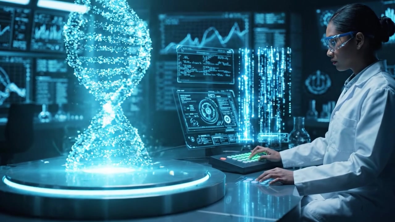 Vědec se zabývá pokročilým výzkumem, analyzuje složitá data a vizualizace, zatímco manipuluje s holografickou strukturou DNA ve vysoce technologickém laboratorním prostředí.