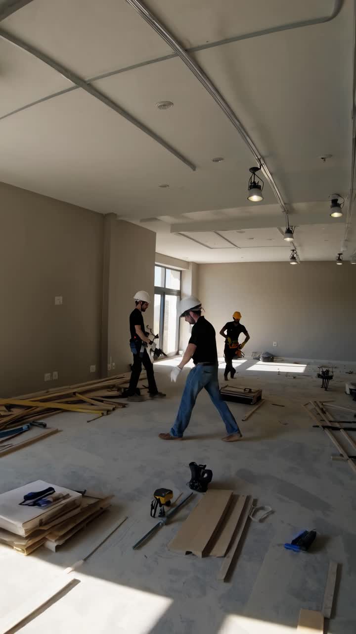 Wide-angle shot of a construction site with workers in hard hats assembling wooden frames