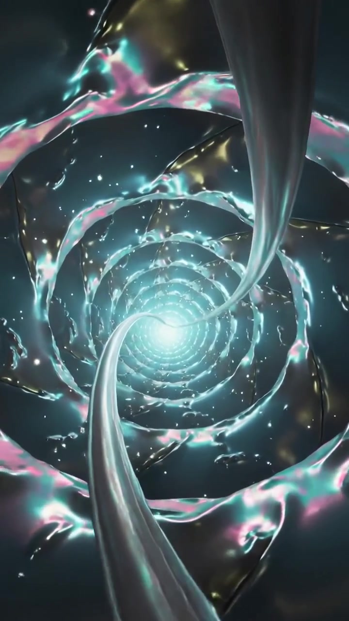 Vertical video: Starting camera spiraling into CGI tunnel toward bright glow with rings, ribbons