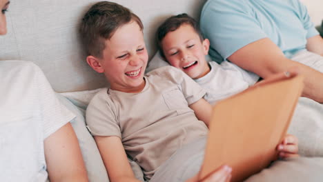 tablet, happy and parents with children in bed