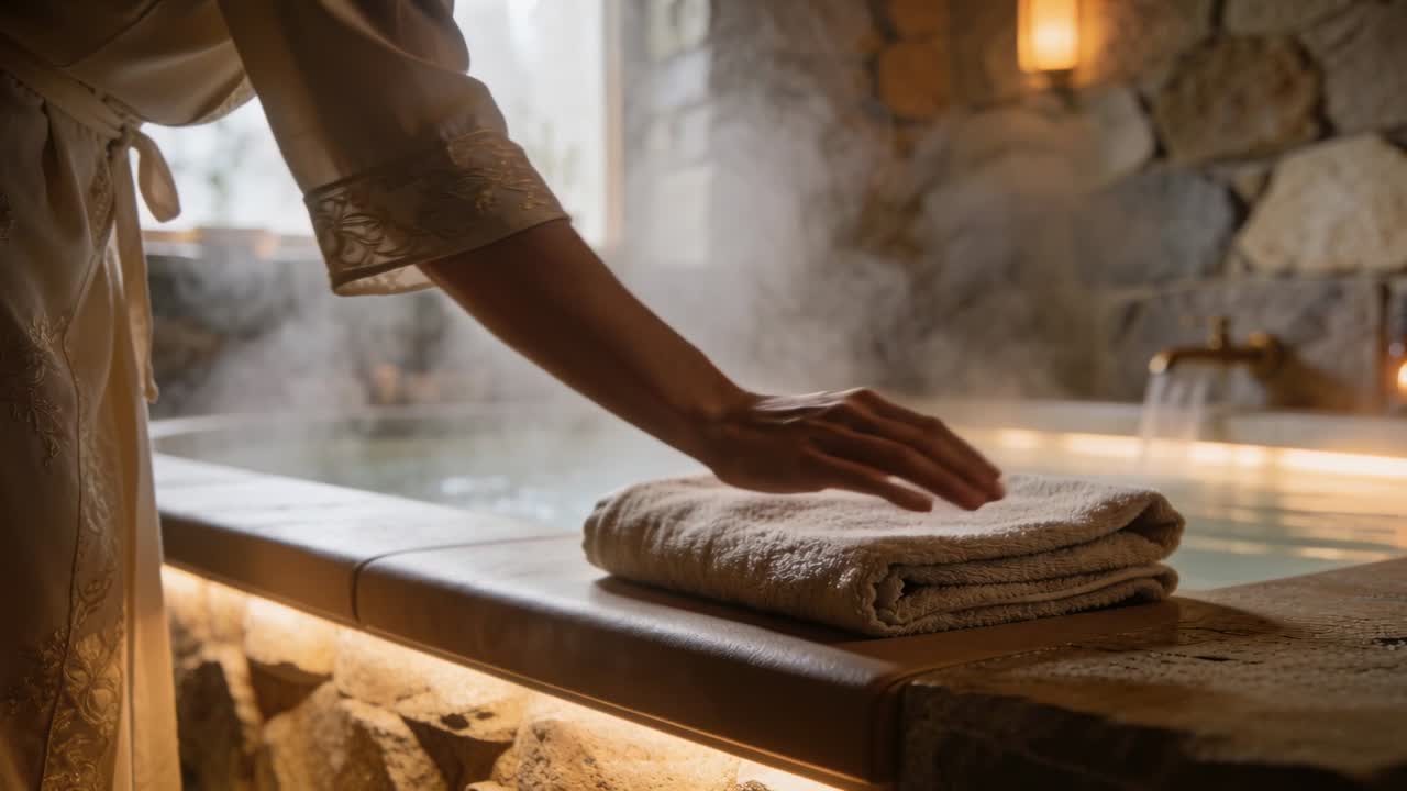 Donna in accappatoio ricamato che sistema un asciugamano piegato sul bordo della vasca in una spa, mentre il rubinetto versa acqua, preparando il bagno.