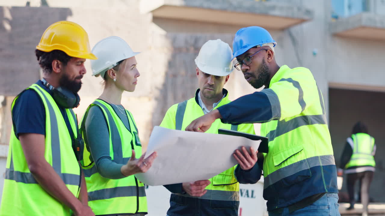 equipo de construcción que revisa los planes