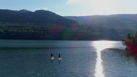 couple rowing a stand up paddle board in the river 4k