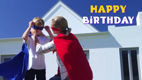 happy birthday written over mother and son in the background
