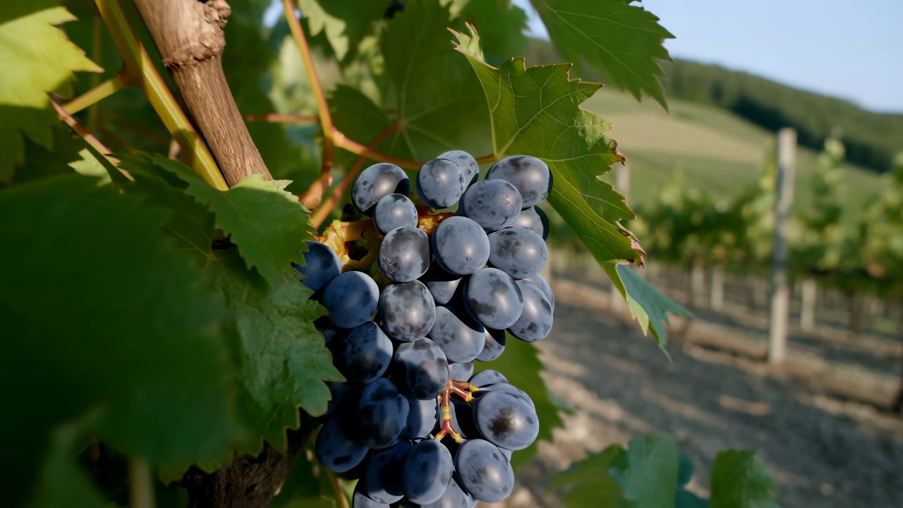 Ripe Purple Grapes On Vine Framed By Green Leaves And Rolling Vineyard Rows, Golden Lateafternoon Light
