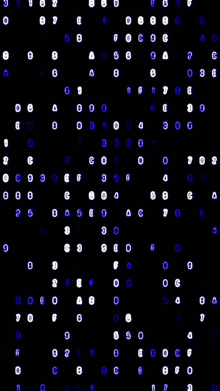 Neon blue and white hexadecimal characters changing on digital grid, representing futuristic code on black background