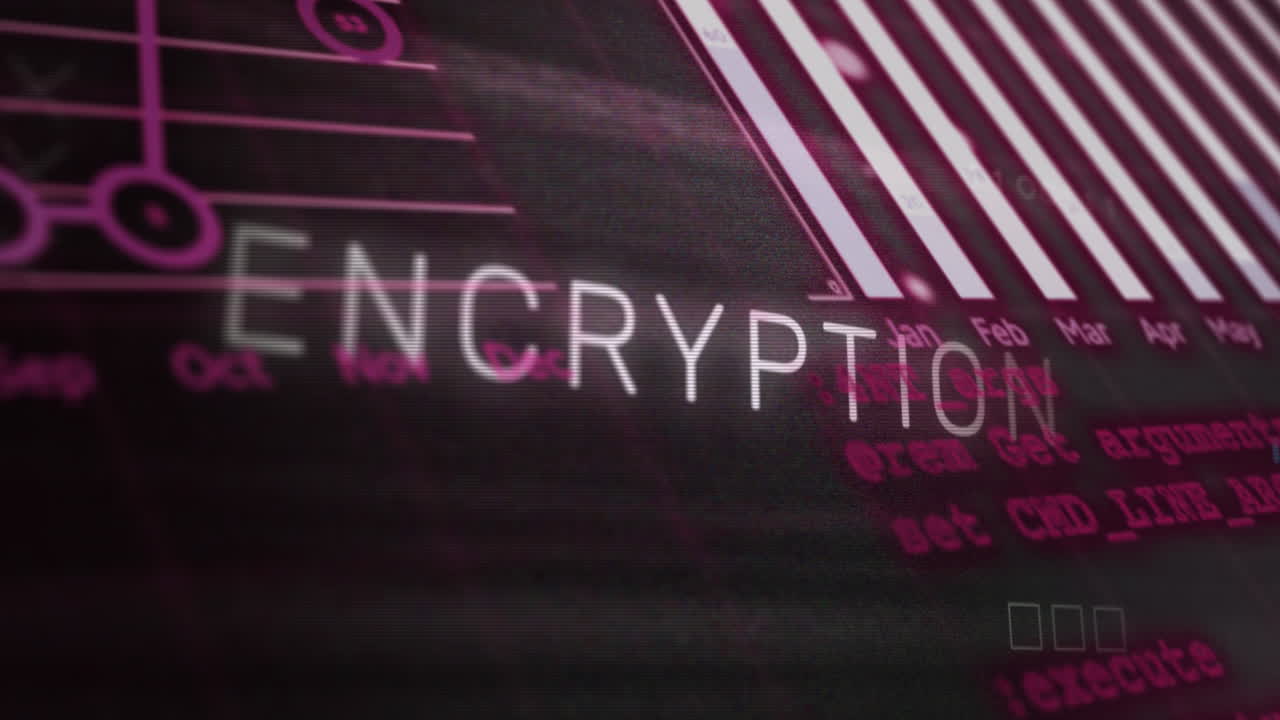 Animation of encryption text over globe, graphs and computer language against black background