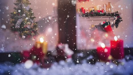 candles and christmas decoration outside a window combined with falling snow