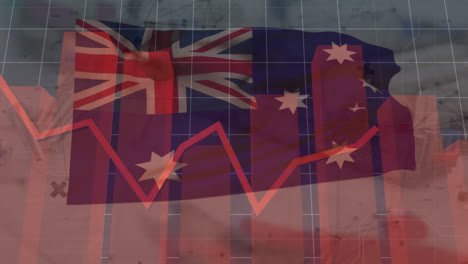 animation of data processing and graphs over flag of australia on grey background